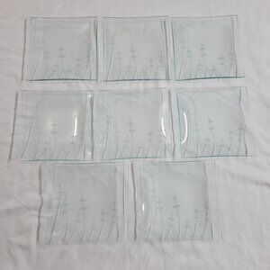 Convex Etched Glass Plates Square Set Of 8 EUC Bamboo Willow Art 6x6 Inches